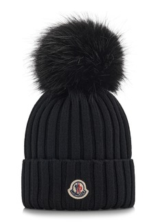 Moncler - Faux Fur-Trimmed Ribbed-Knit Wool Beanie - Black - OS - Moda Operandi