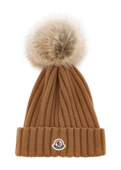 Moncler - Faux Fur-Trimmed Ribbed-Knit Wool Beanie - Brown - OS - Moda Operandi