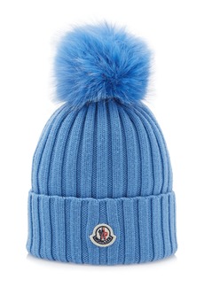 Moncler - Fur-Trimmed Ribbed-Knit Wool Beanie - Blue - OS - Moda Operandi