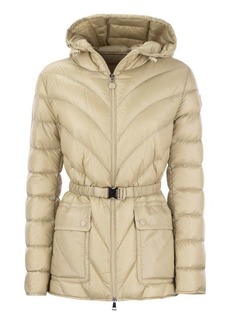MONCLER ARGENNO - Down jacket with hood and belt