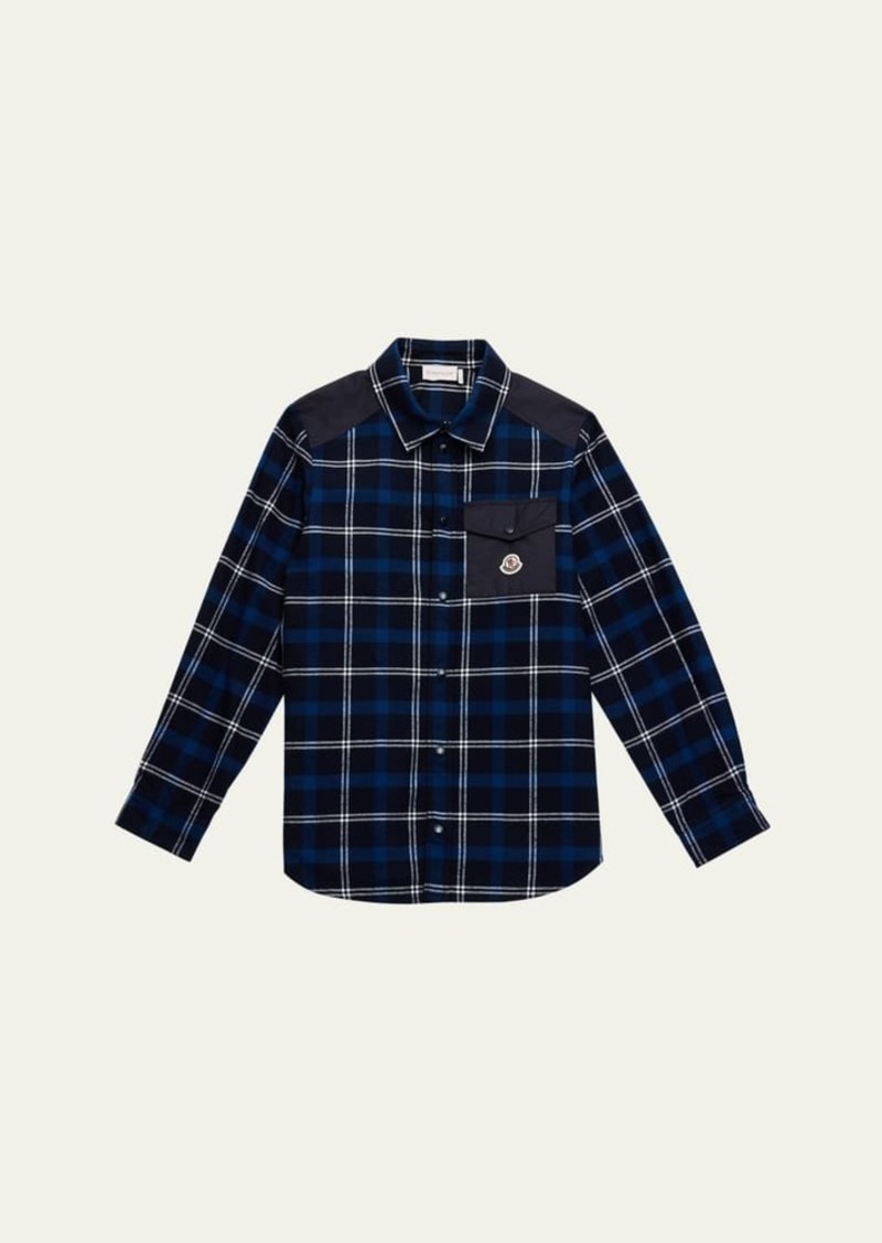 Moncler Boy's Plaid-Print Shirt W/ Silicone Logo Patch  Size 8-14