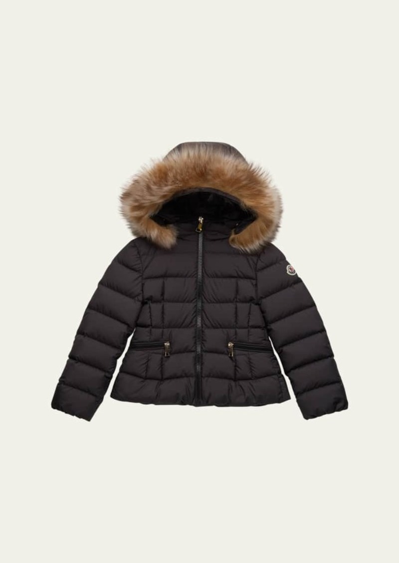 Moncler Girl's Bodette Puffer Jacket W/ Dyed Shearling Hood  Size 4-6