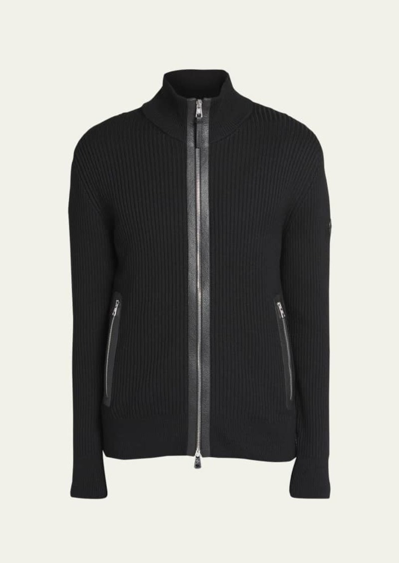 Moncler Men's Ribbed Cardigan with Leather Trim