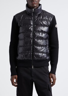 Moncler Quilted Mixed Media Down & Wool Cardigan