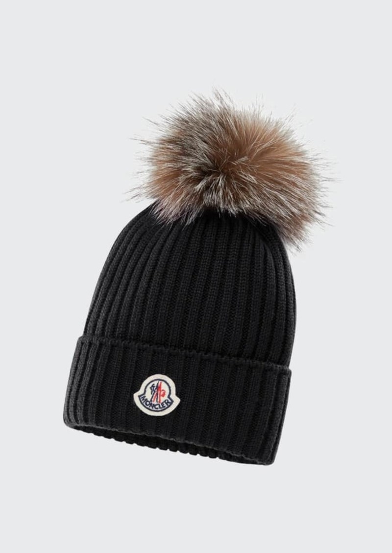 Moncler Moncler Kid's Rib-Knit Beanie Hat Fur Pompom | Accessories