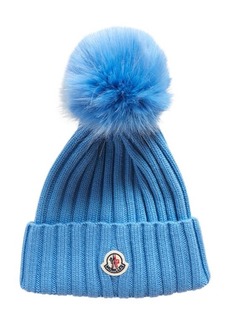 Moncler Virgin Wool Rib Beanie with Faux Fur Pompom
