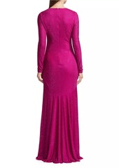 ML Monique Lhuillier Diana Crystal Diamante Long-Sleeve Gown