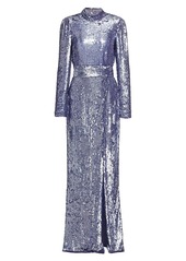 Monique Lhuillier Embellished Cowlneck Slit Sequin Gown