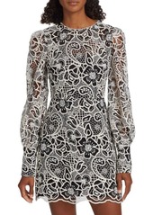 Monique Lhuillier Embroidered Floral Long Sleeve Mini Dress
