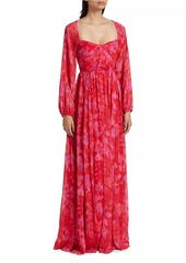 ML Monique Lhuillier Emery Abstract Chiffon Sweetheart Maxi Dress