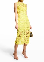 Monique Lhuillier Floral-Embroidered Lace Sleeveless Midi Dress