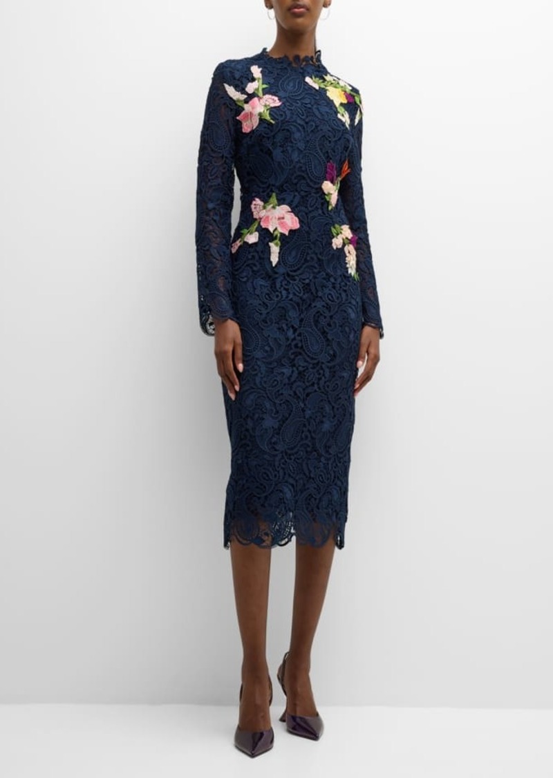 Monique Lhuillier Floral-Embroidered Long-Sleeve Lace Midi Dress
