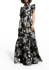 Monique Lhuillier Floral-Print One-Shoulder Ruffle Gown