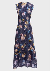 Monique Lhuillier Floral-Printed Lace Sleeveless Midi Dress