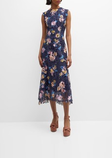 Monique Lhuillier Floral-Printed Lace Sleeveless Midi Dress