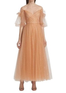 Monique Lhuillier Glitter Tulle Puff-Sleeve Cocktail Dress