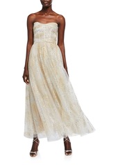 Monique Lhuillier Glittery Ruched Bodice Strapless Chiffon Fit-&-Flare Dress