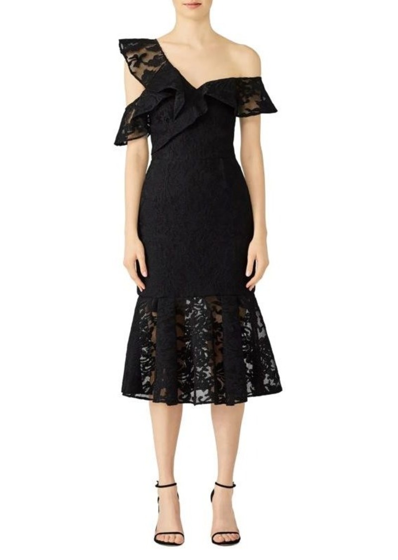 Monique Lhuillier Lace Ruffle One Shoulder Midi Dress