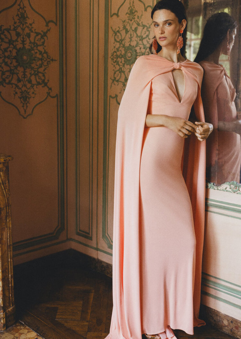 Monique Lhuillier - Cape-Detailed Crepe Satin Gown - Pink - US 4 - Moda Operandi