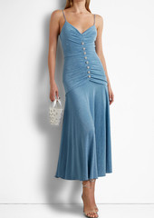 MONIQUE LHUILLIER - Crystal-embellished ruched metallic stretch-jersey maxi dress - Blue - US 2
