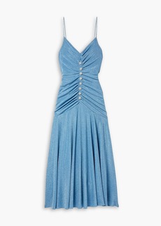 MONIQUE LHUILLIER - Crystal-embellished ruched metallic stretch-jersey maxi dress - Blue - US 2