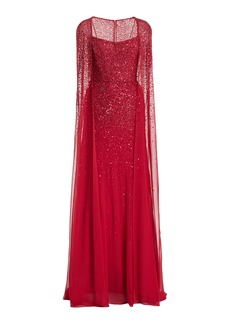 Monique Lhuillier - Embellished Chiffon Cape Gown - Red - US 0 - Moda Operandi