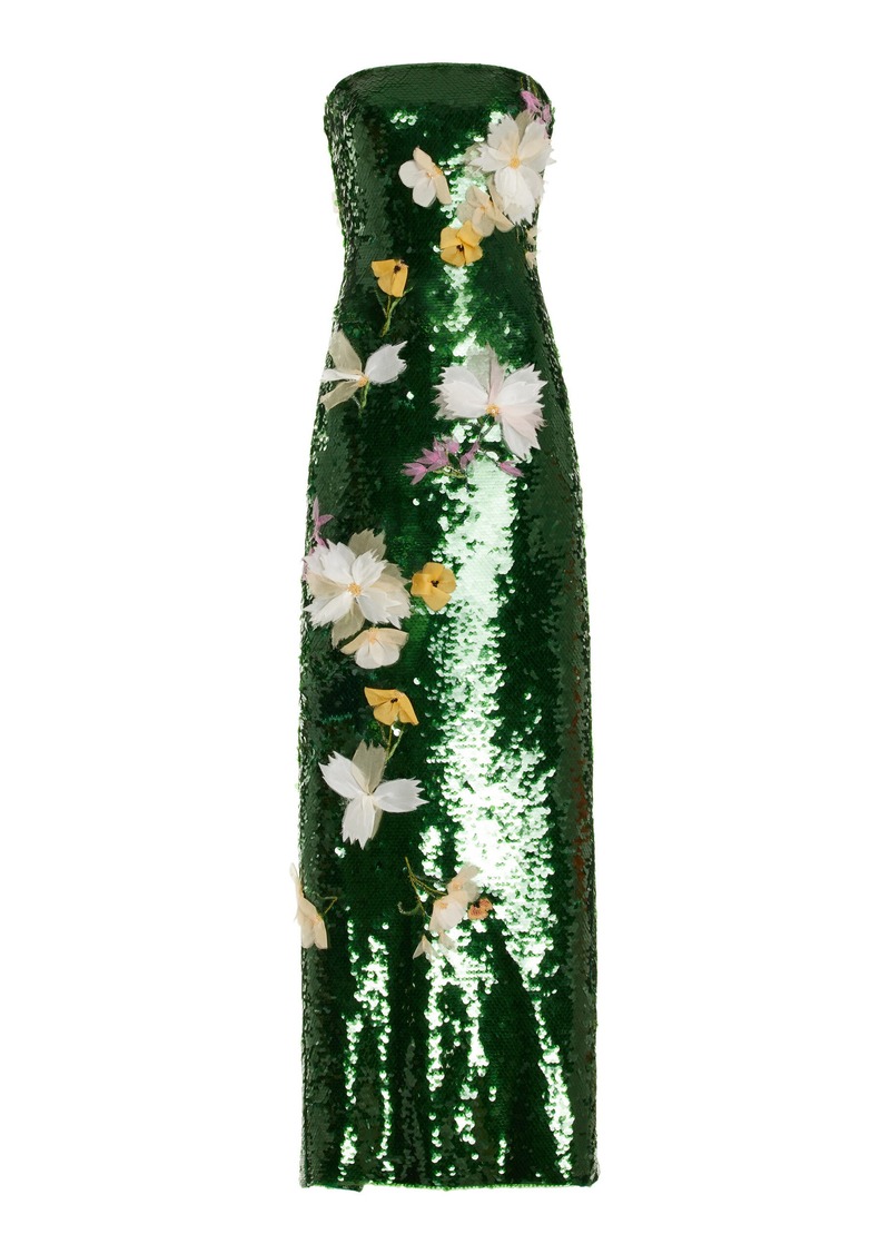 Monique Lhuillier - Flower-Embellished Sequined Gown - Green - US 4 - Moda Operandi