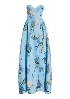 Monique Lhuillier - Printed Strapless Silk Gown - Blue - US 4 - Moda Operandi