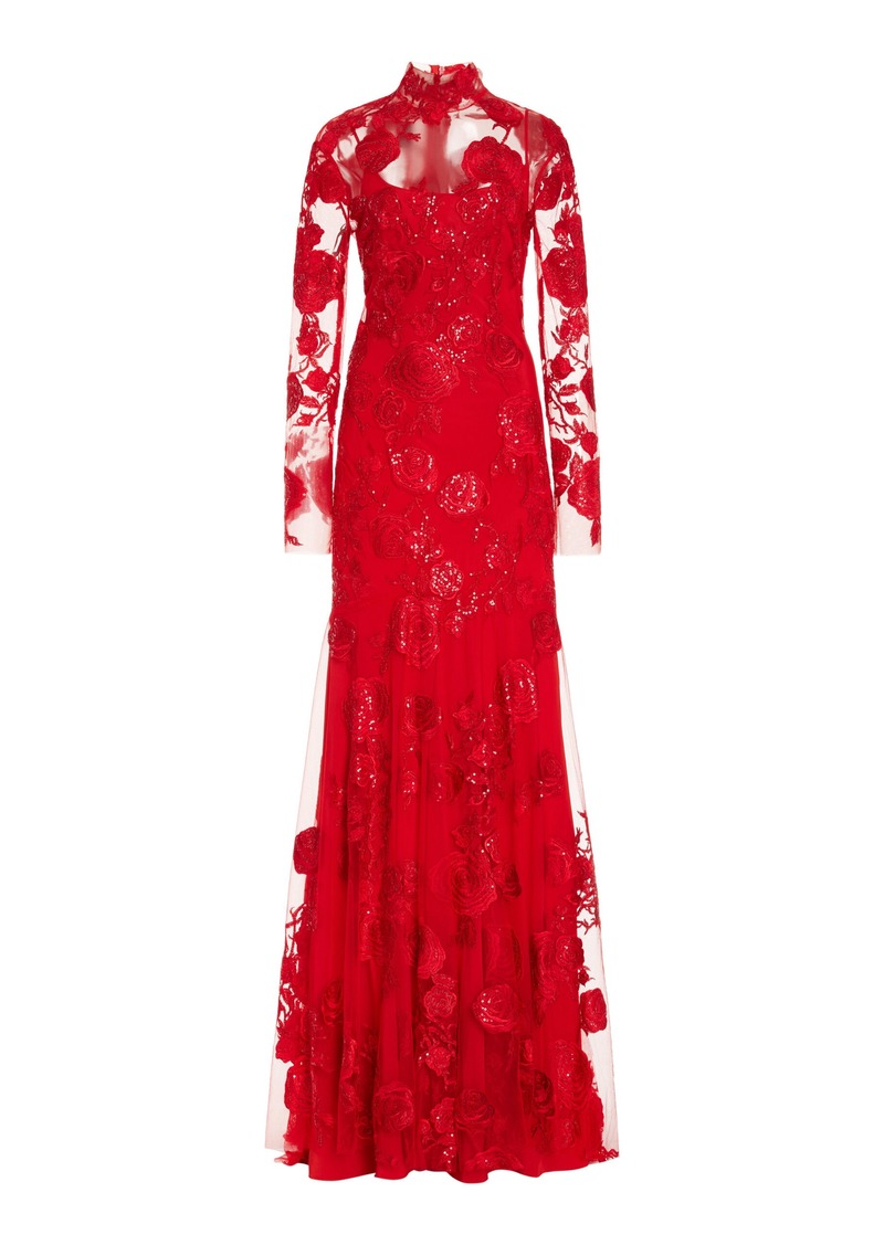 Monique Lhuillier - Sequined Lace Gown - Red - US 4 - Moda Operandi
