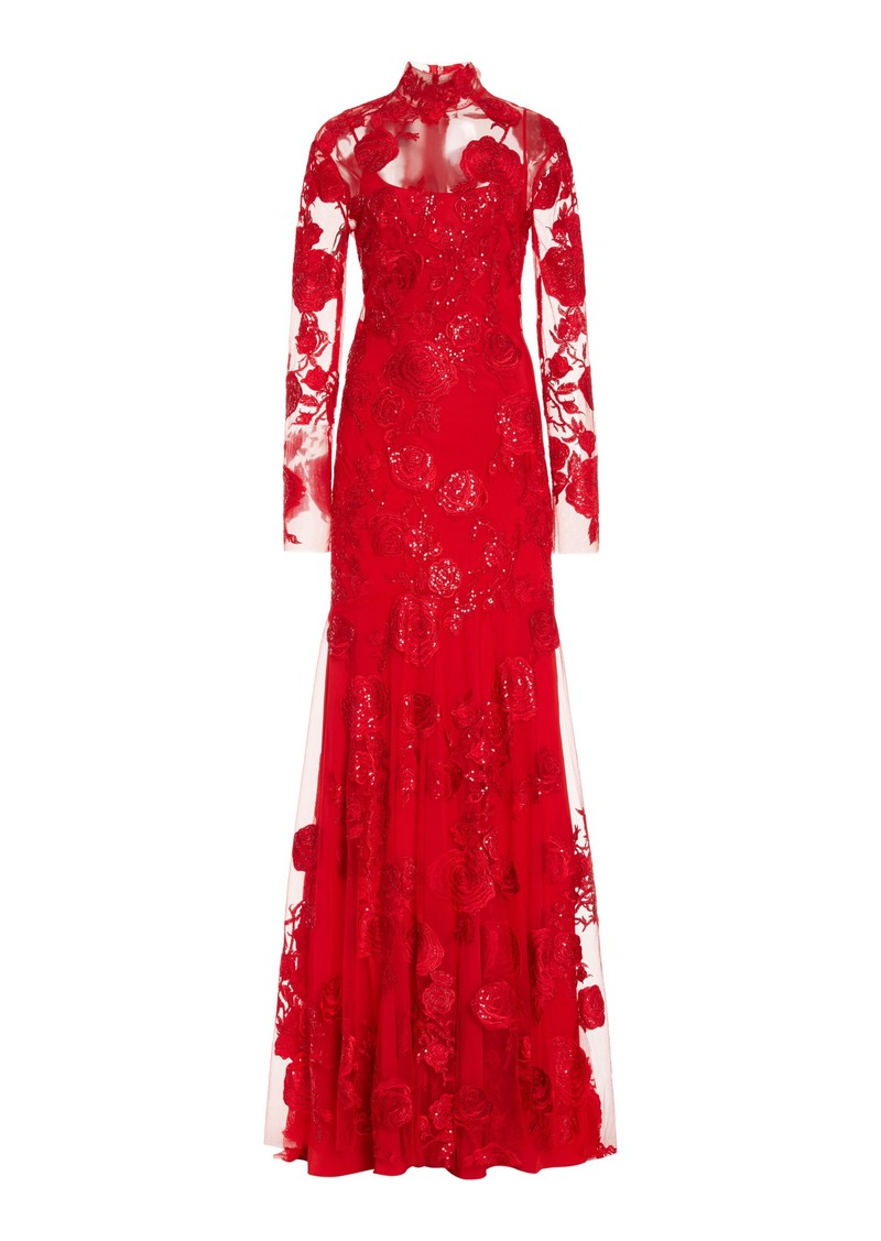 Monique Lhuillier - Sequined Lace Gown - Red - US 0 - Moda Operandi