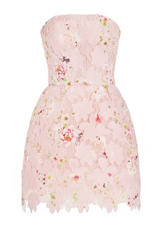 Monique Lhuillier - Strapless Lace-Detailed Printed Mini Dress - Pink - US 6 - Moda Operandi