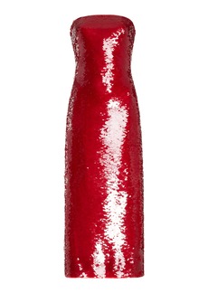 Monique Lhuillier - Strapless Sequined Crepe Maxi Dress - Red - US 4 - Moda Operandi