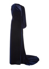 Monique Lhuillier - Women's One-Shoulder Stretch-Velvet Gown - Blue - Moda Operandi