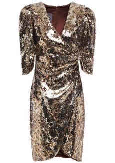 MONIQUE LHUILLIER - Wrap-effect sequined mesh mini dress - Metallic - US 6