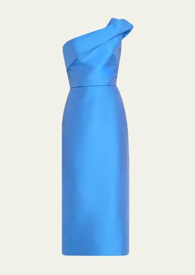 Monique Lhuillier Draped One-Shoulder Column Midi Dress