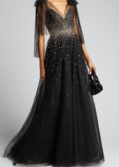 Monique Lhuillier Embroidered Tulle V-Neck Gown