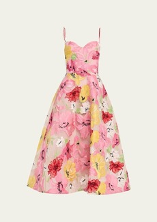 Monique Lhuillier Floral-Embroidered Flared Skirt Dress