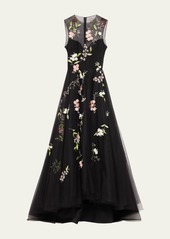 Monique Lhuillier Floral Embroidered Sleeveless Illusion Bodice Gown