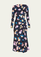 Monique Lhuillier Floral-Print Long-Sleeve Midi Dress With Side Drape