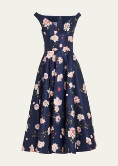 Monique Lhuillier Floral-Print Off Shoulder Fit-Flare Dress