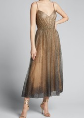 Monique Lhuillier Glittered Tulle Tea-Length Cocktail Dress