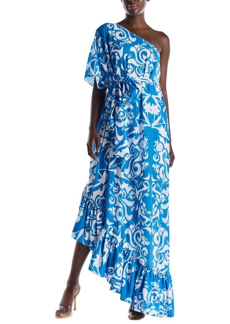 Monique Lhuillier One-Shoulder Printed Linen Caftan Gown