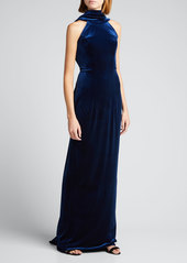 Monique Lhuillier Plunging Draped-Back Fitted Velour Gown