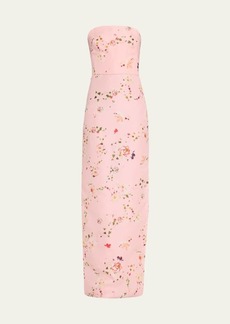 Monique Lhuillier Strapless Floral Gazar Gown with Bustle Train