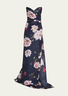 Monique Lhuillier Strapless Floral Gazar Gown with Train