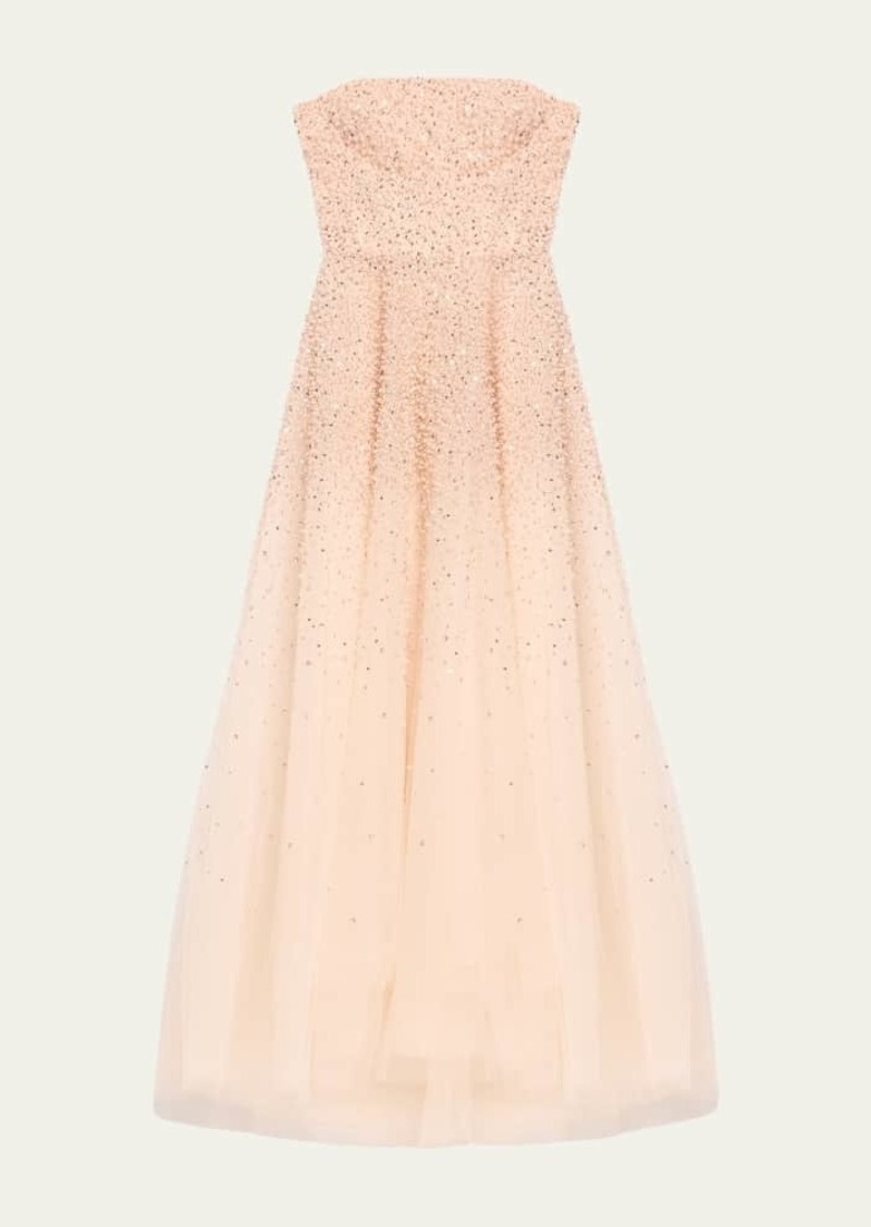 Monique Lhuillier Strapless Pearly Embroidered Gown