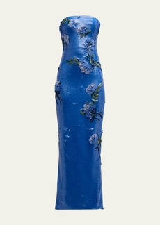 Monique Lhuillier Strapless Sequin Column Gown with Embroidered Floral Details