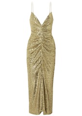 Monique Lhuillier Woman Ruched Sequined Tulle Midi Dress Gold