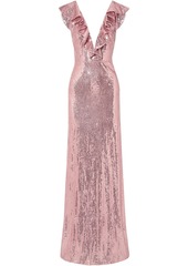 Monique Lhuillier Woman Ruffle-trimmed Sequined Crepe Gown Pink