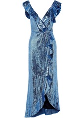 Monique Lhuillier Woman Wrap-effect Ruffle-trimmed Sequined Crepe Midi Dress Azure